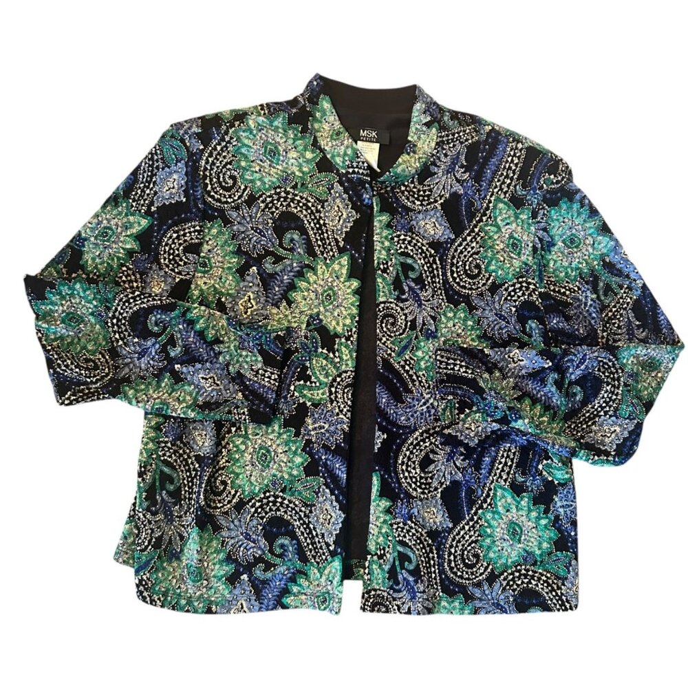 Vintage MSK Petite Open Front Art To Wear Jewel Toned Cardigan Jacket PXL